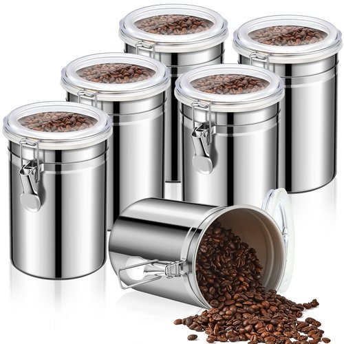 Lallisa 9 Pcs Stainless Steel Kitchen Canister 62 fl oz with Airtight Clear Clamp Lid, Metal Food Storage Container Set for Coffee Bean Ground Coffee Flour Sugar Spice Tea Cereal Snack Candy Pantry