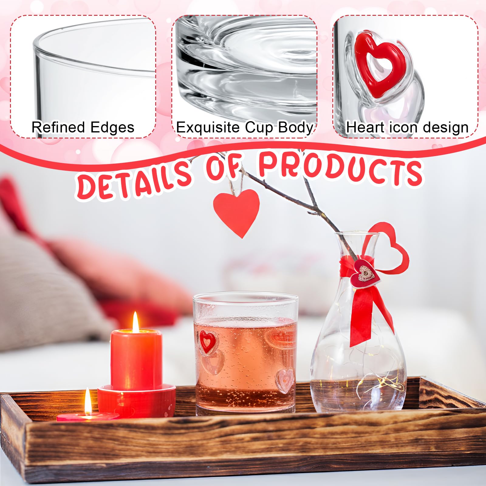 Skylety 2 Pcs Heart Icons Juice Glasses Love Drinking Cups 13.5 oz Old Fashioned Whiskey Cocktail Coffee Mugs for Mother's Day Party Gift Decor