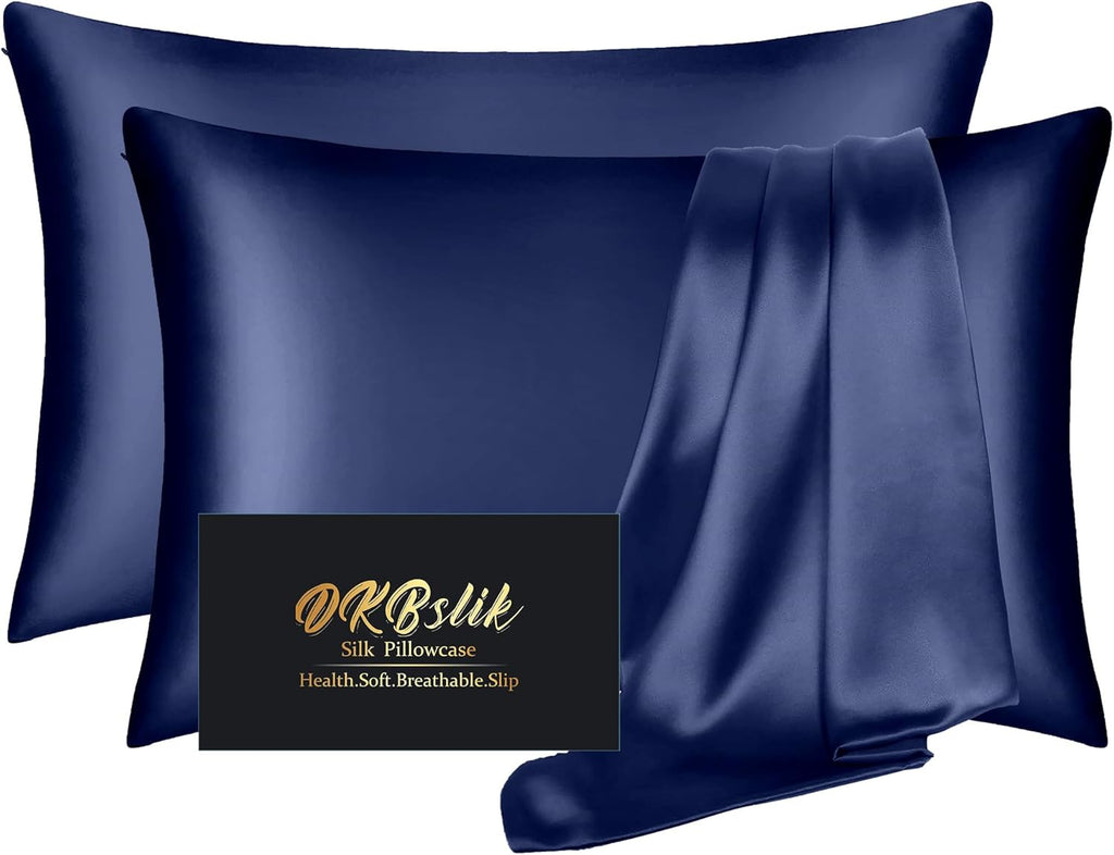Mulberry Silk Pillowcase Set by Skiennix - Anti-Acne & Hair Care | King Size, Navy Blue, 2-Pack