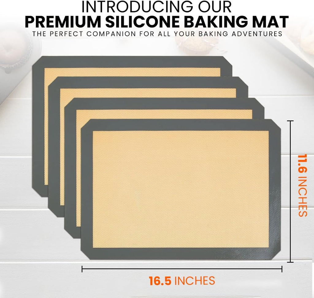 Skiennix Silicone Baking Mats - Non-Stick, Reusable 4-Pack | Heavy-Duty Half Sheet for Macarons & Pastries