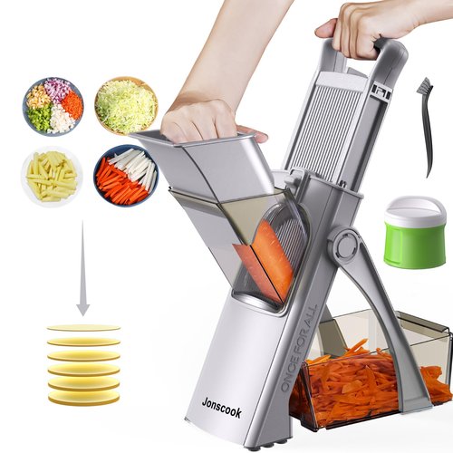 Jonscook All-in-1 Upgraded Safe Mandoline Slicer for Kitchen, with Handheld Spiralizer, Food Chopper with Container, Thickness Adjustable Vegetable Chopper, Potato French Fry Cutter (High-grade Gray)