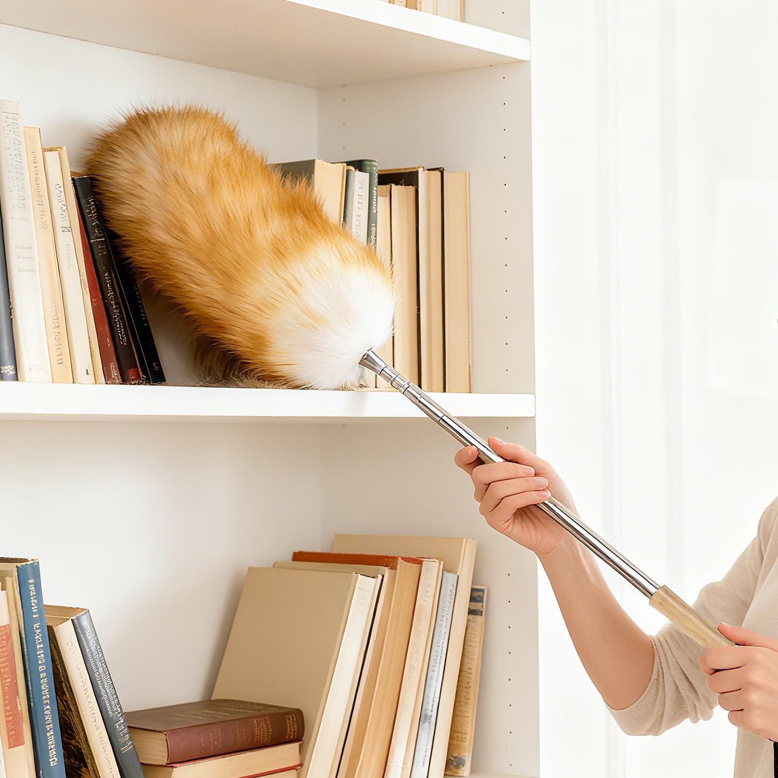 Extendable Lambswool Feather Duster 31-88 Inch, Anti-Static Wool Duster for Cleaning with Stainless Steel Pole - Ideal for High Ceilings, Fans, Interior & Roof (Yellow & White)