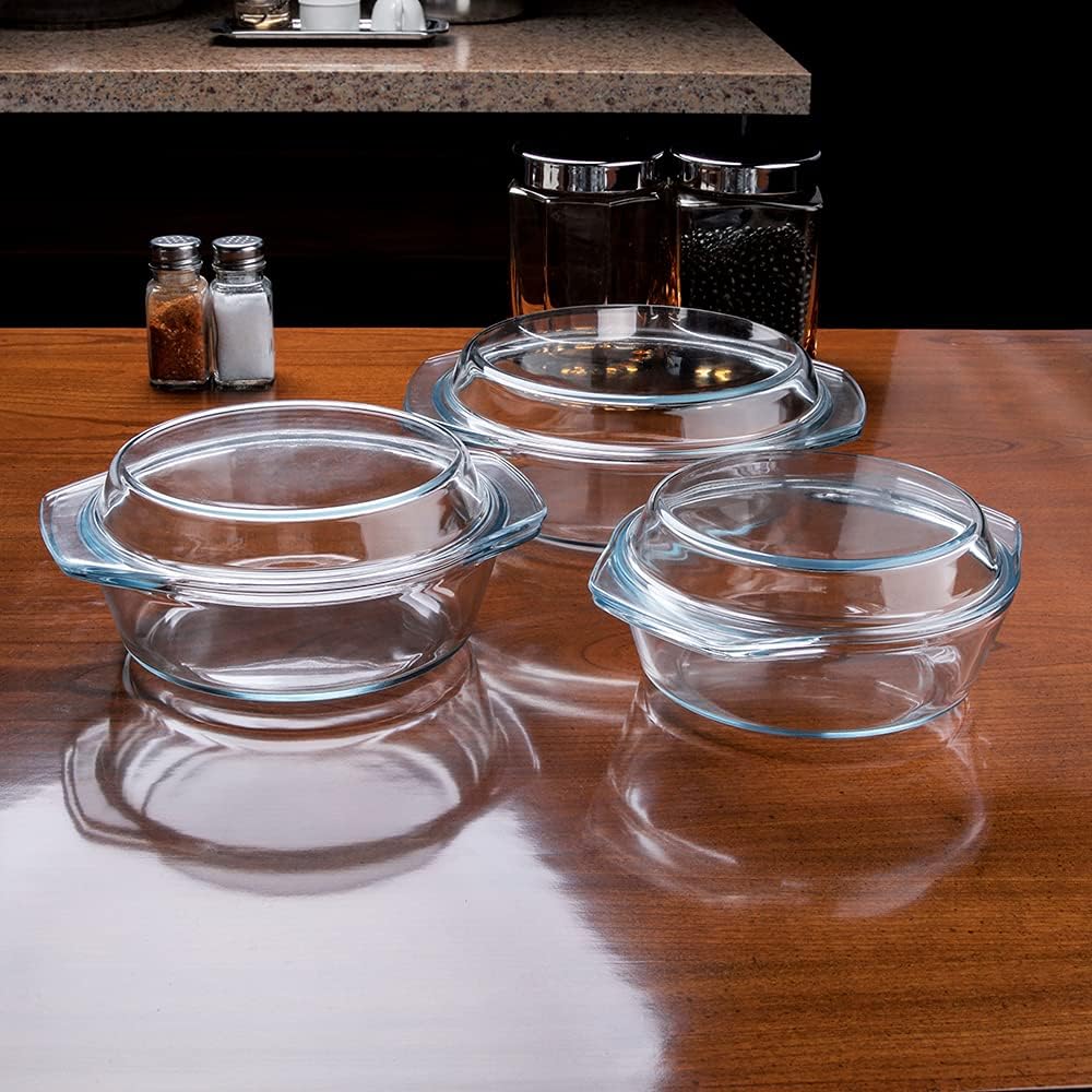 Regine Switzerland Round Tempered Glass Casserole Dish Set - 6 Pieces with Lids, Oven & Dishwasher Safe | 1QT, 1.5QT, 1.8QT