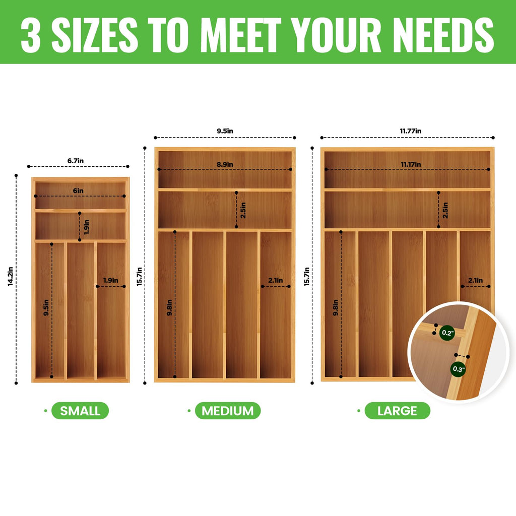 Bayting Bamboo Silverware Organizer, Bamboo Kitchen Drawer Cutlery Organizer, Utensil Holder, Flatware Organizer Tray (15.8"x9.5"x1.6")