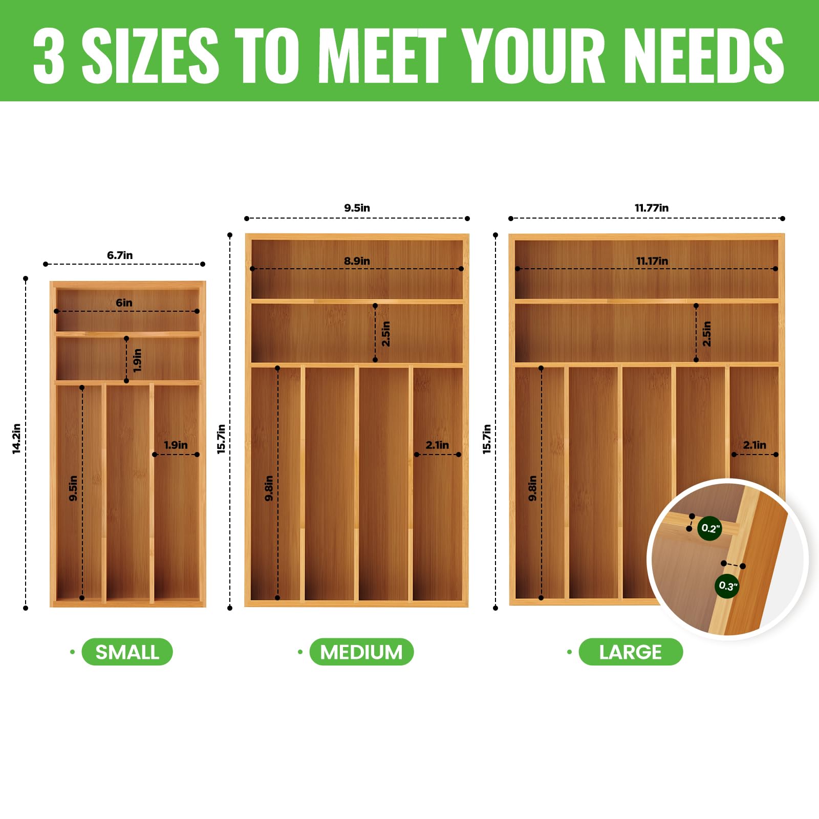 Bayting Bamboo Silverware Organizer, Bamboo Kitchen Drawer Cutlery Organizer, Utensil Holder, Flatware Organizer Tray (15.8"x9.5"x1.6")