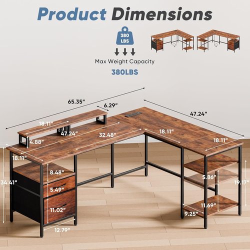 DUMOS L-Shaped Gaming Desk - 62 Inch with Charging Station & Dual Monitor Stands | Brown Corner Desk for Home Office