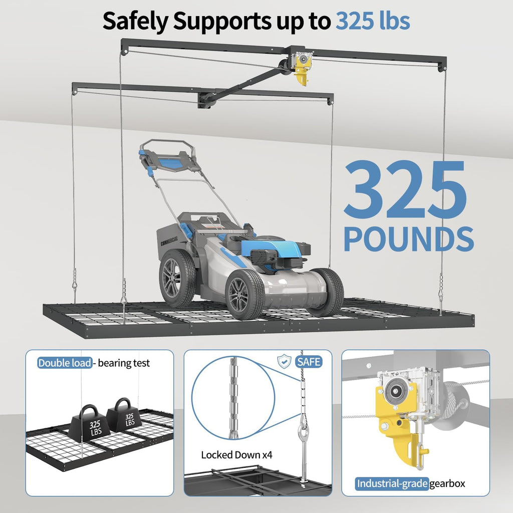 Overhead Garage Storage Rack - Heavy-Duty 4x8 FT Ceiling Mounted System with Safety Lock | 325 lbs Capacity