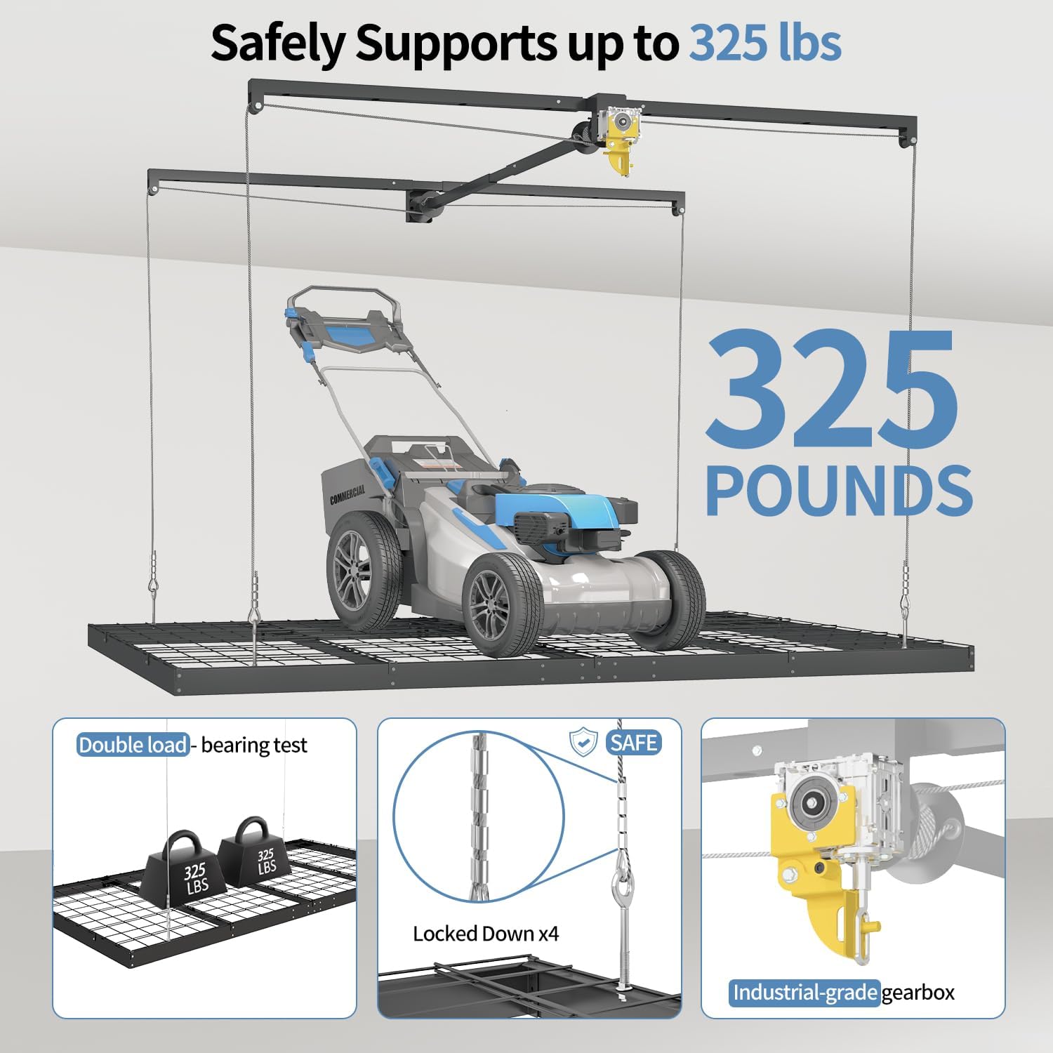 Overhead Garage Storage Rack - Heavy-Duty 4x8 FT Ceiling Mounted System with Safety Lock | 325 lbs Capacity