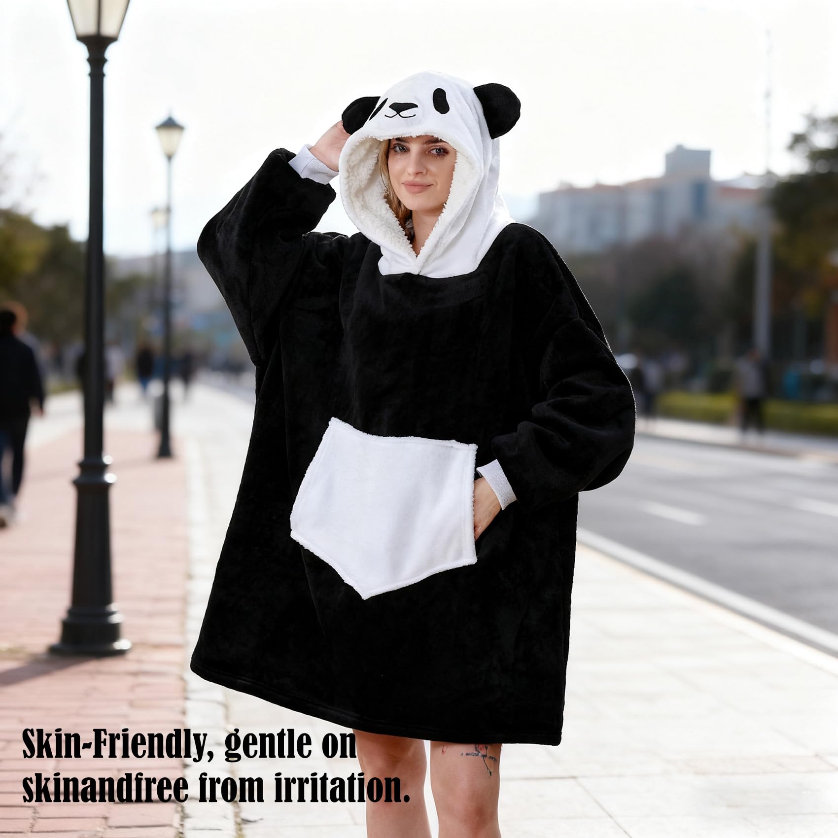 C hello cloud Oversized Hoodie Blanket, Wearable Blanket sweatshirt, Ultra Soft Sherpa Fleece Comfy Snuggle Hoodie, Comfy Snuggle Pullover for Women Men, Black White Panda