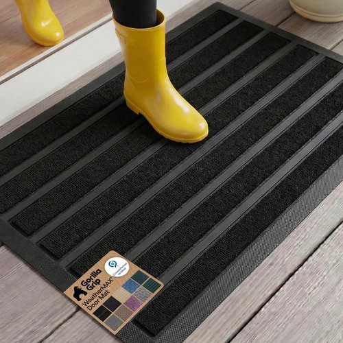 GORILLA GRIP Waterproof All-Season WeatherMAX Doormat - Natural Rubber, Stain & Fade Resistant, 23x35, Black Stripe
