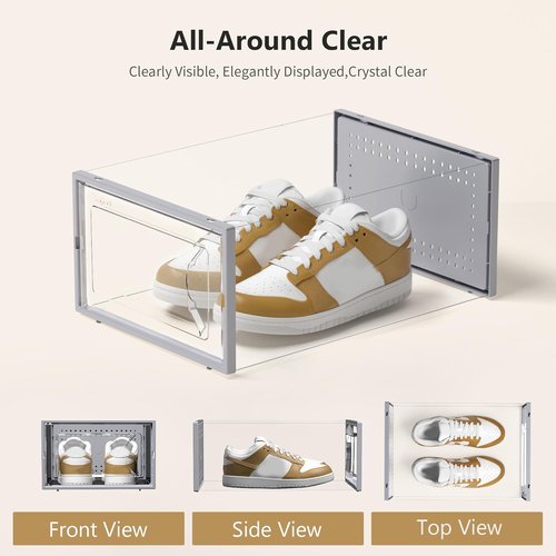 Kuject Shoe Storage Box - Large Stackable Organizer for Closet | Space-Saving Grey 12-Pack