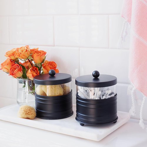 Autumn Alley Premium Black Qtip Holder - Apothecary Jars Set for Bathroom Counter | 2 Small Glass Canisters with Metal Lids