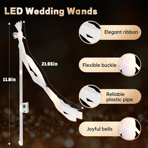 50 PCS Wedding Wands with Ribbons & Bells, Romantic Sparkle with Three Light Modes, Light up Wands for Wedding Send off, New Year, Birthday Party, Parties, and Celebrations