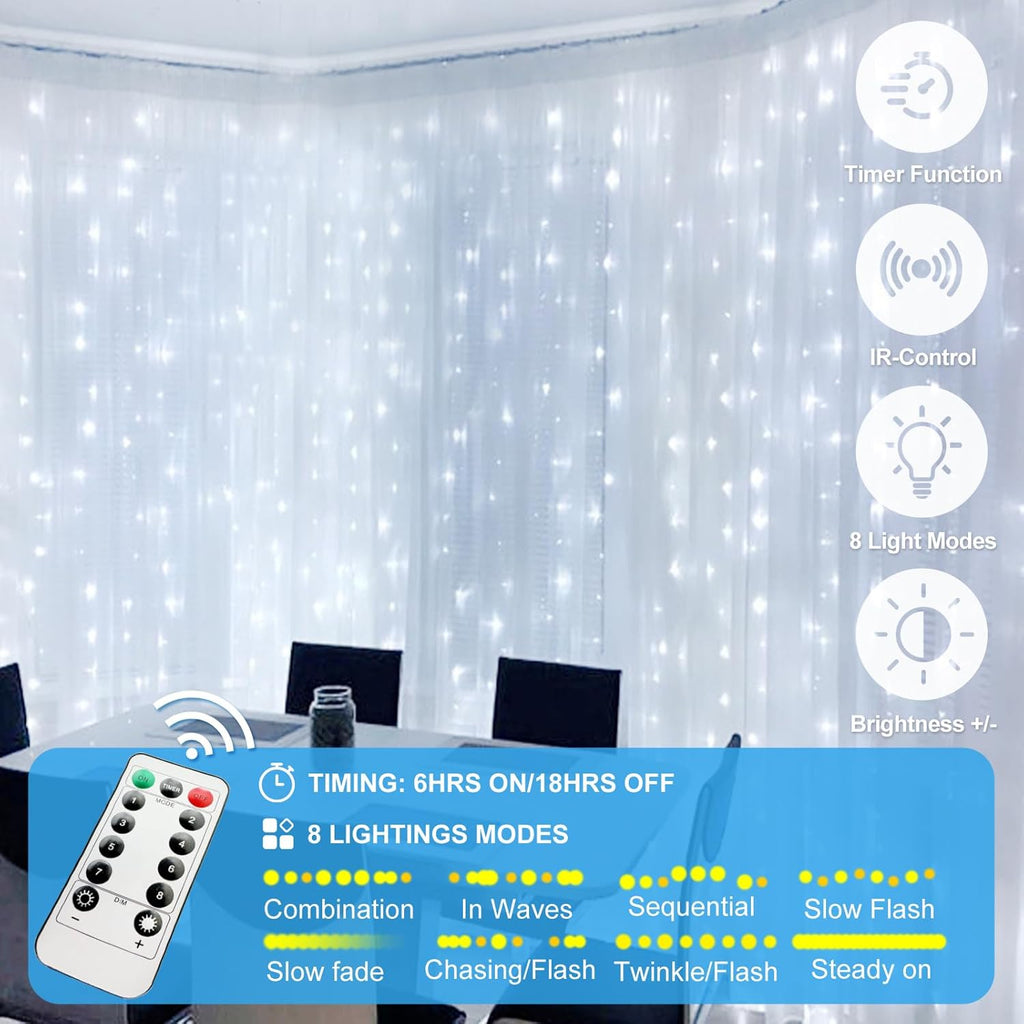 Skiennix 300 LED Fairy Curtain Lights - 9.8 x 9.8FT Cold White USB String Lights with Remote | 8 Modes for Christmas, Weddings, Indoor & Outdoor Decor