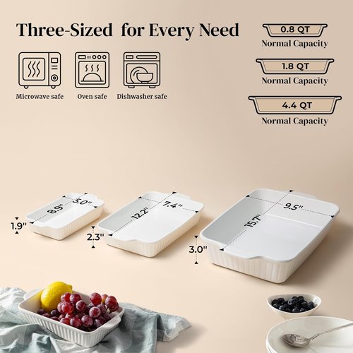 DOWAN Casserole Dishes Set - Ceramic Bakeware for Oven | 3-Piece Deep Lasagna Pan Set in Soft White (15.6''/12.2''/8.9'')