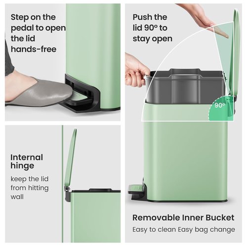 Cesun Small Bathroom Trash Can - Soft Close Lid & Step Pedal | 6L Stainless Steel, Anti-Fingerprint Finish (Matt Green)
