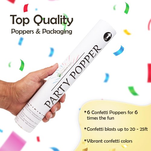 Clover Products LLC 12" Biodegradable Confetti Cannons | 6 Pack Confetti Poppers for Weddings, Birthdays & Parties | Air-Powered Party Poppers Shoot 25 Feet | Safe for Indoor & Outdoor