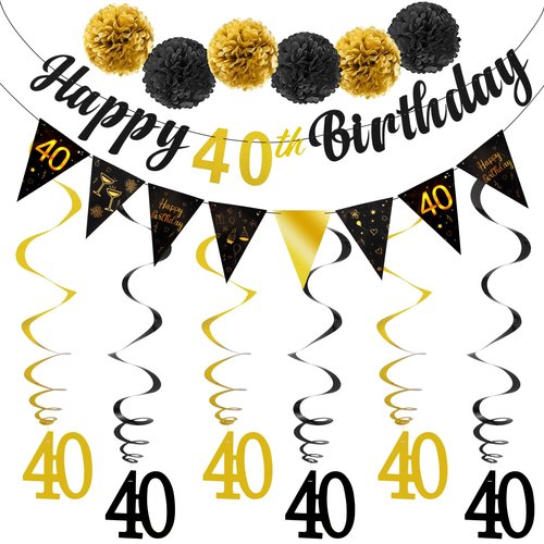 TOBATOBA 40th Birthday Decorations Kit for Men Women, Black Gold Happy 40th Birthday Banner, Triangle Flag Banner 40th Birthday Party Decorations, 40 Year Old Birthday Party Supplies Pre-assembled