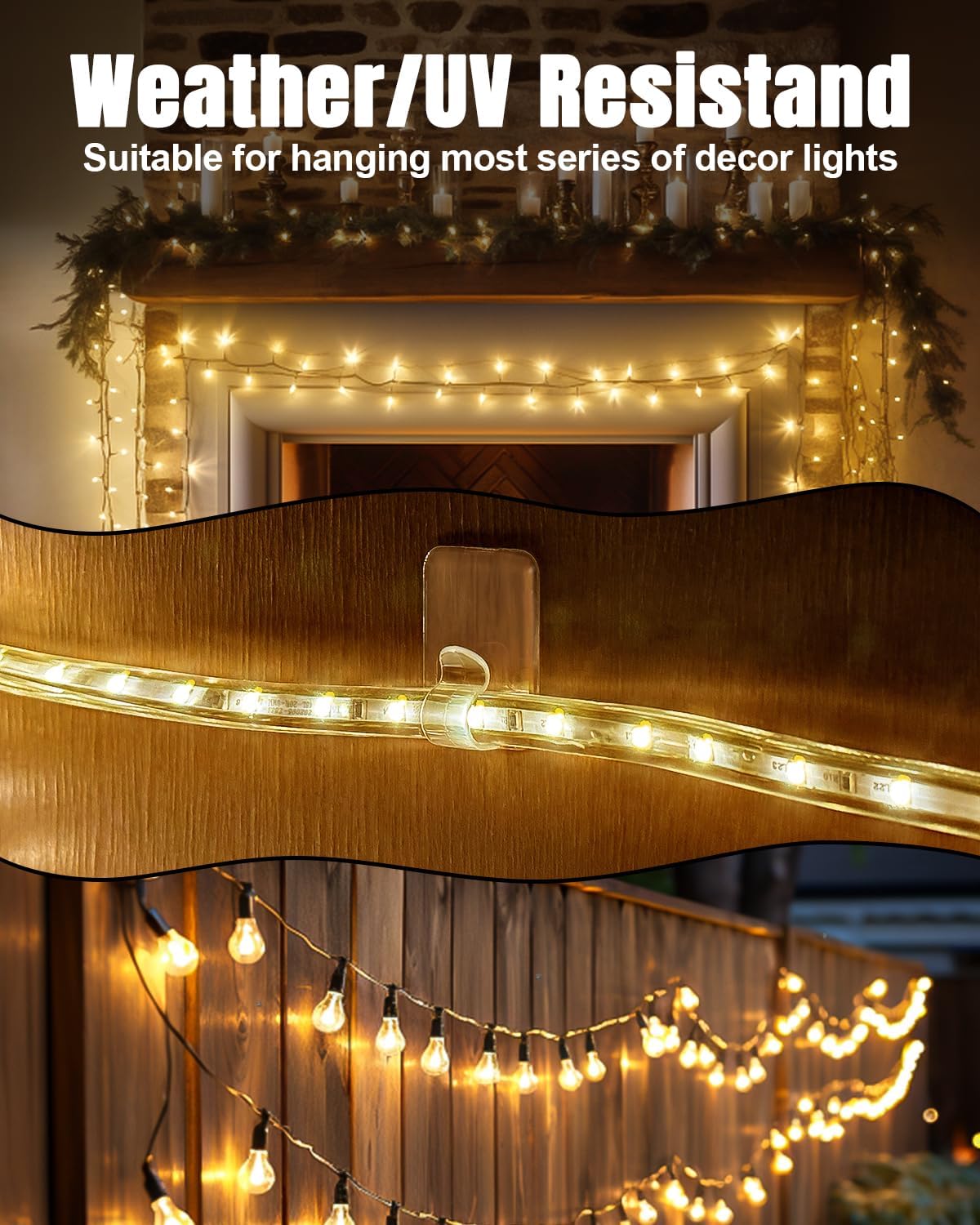 LZC Outdoor String Light Clips - 20 Pack Heavy-Duty Waterproof Adhesive Holders | Clear Rectangle Design