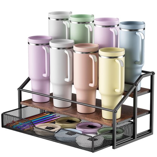 MOJOHAND Water Bottle Organizer for Stanley, 3-Tier 8 Bottles Rack with Storage Basket for Cup Accessories, Large Tumbler Holder Stand, Water Bottle Holder Wine Rack