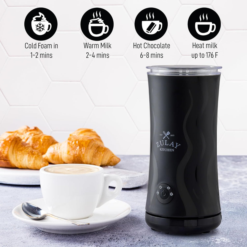 Zulay 4-in-1 Milk Frother & Steamer - Automatic Hot/Cold Foam Maker with Temperature Control - Black