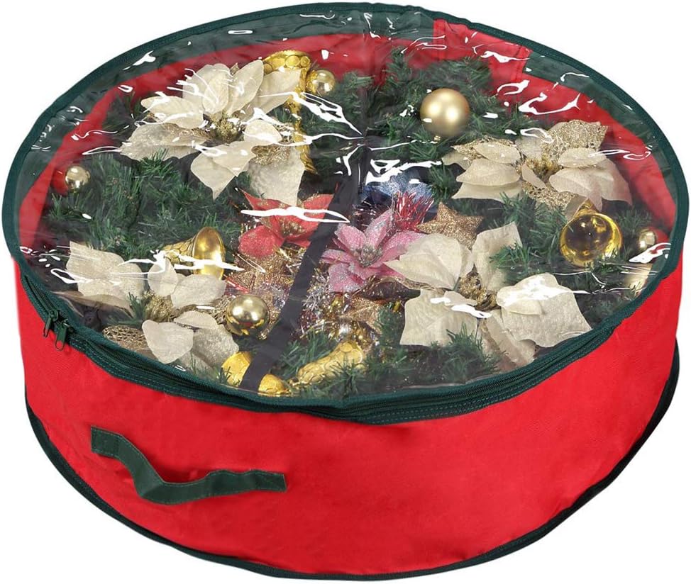 Primode Christmas Wreath Storage Bag - 30" Garland Container with Clear Window for Easy Holiday Organization - Durable 600D Oxford Material (Red)