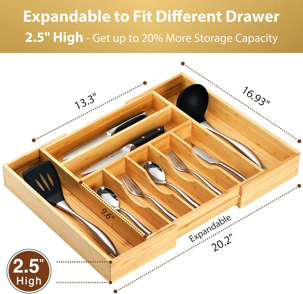 Umilife Kitchen Silverware Organizer - Large Expandable Bamboo Utensil Tray with Adjustable Divider