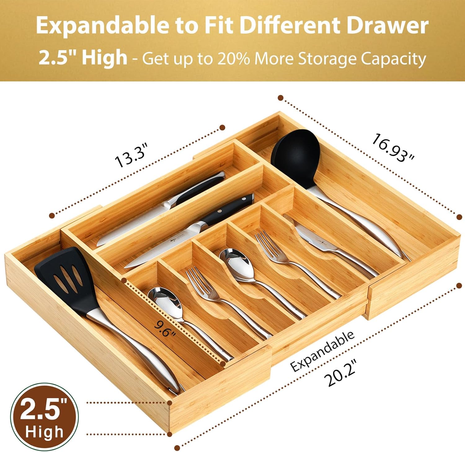 Umilife Kitchen Silverware Organizer - Large Expandable Bamboo Utensil Tray with Adjustable Divider