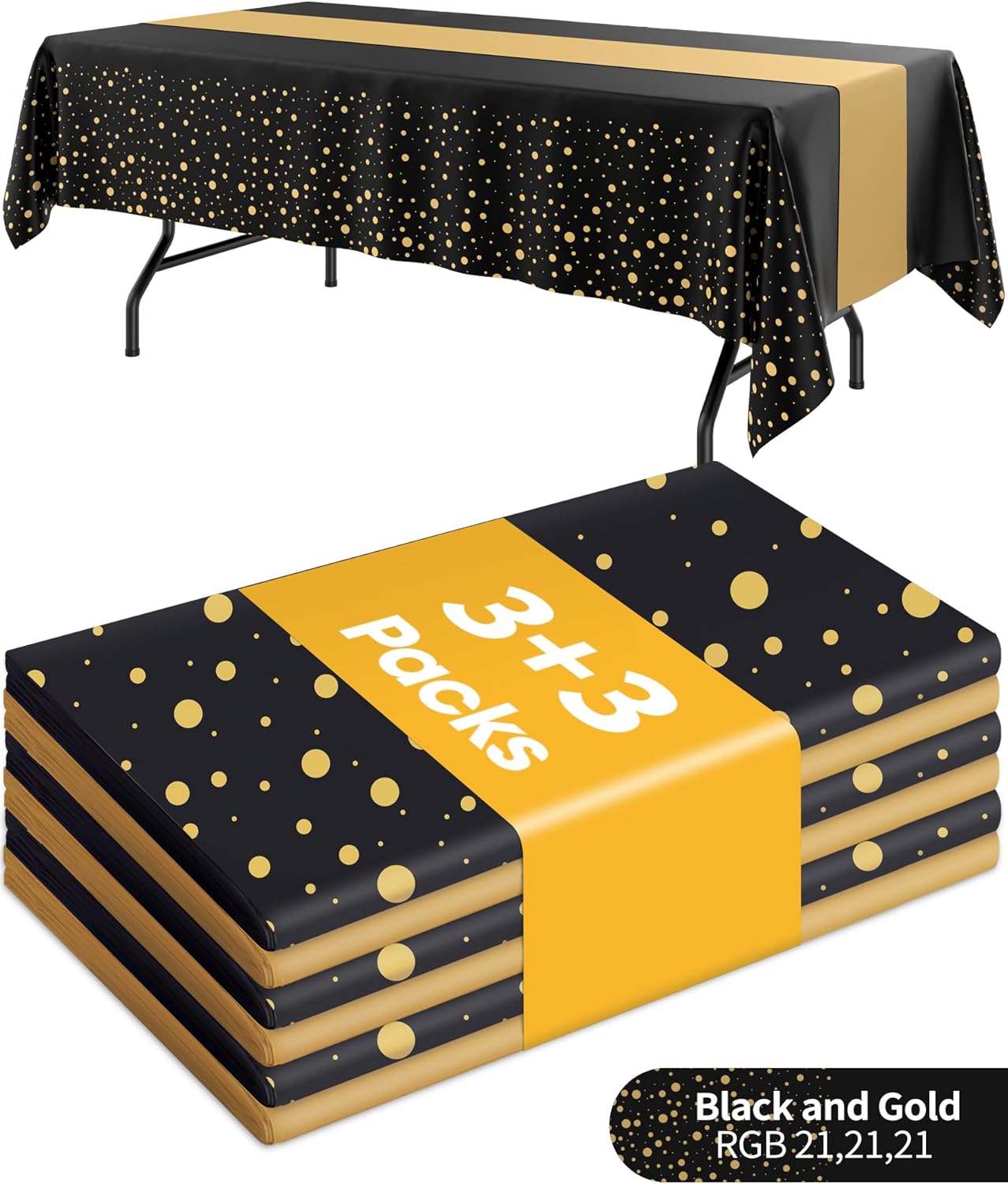 Niuara Table Cloth Set - Black and Gold Disposable Rectangle Table Cover & Runner - 3+3 Pack for Events