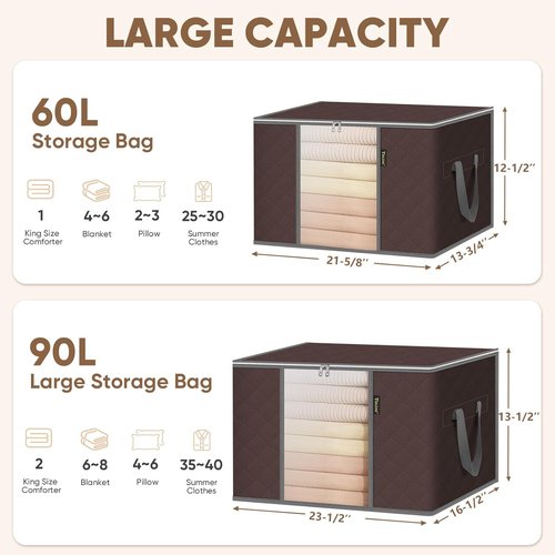 BALEINE 6 Pack Clothes Storage Bags - 24 Gallon Containers with Reinforced Handles & Sturdy Zippers | Brown