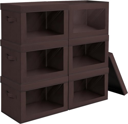 Homsorout Brown Fabric Storage Bins - 6 Pack Modern Lidded Bins | 14 Inch for Clothes, Books & Office Supplies