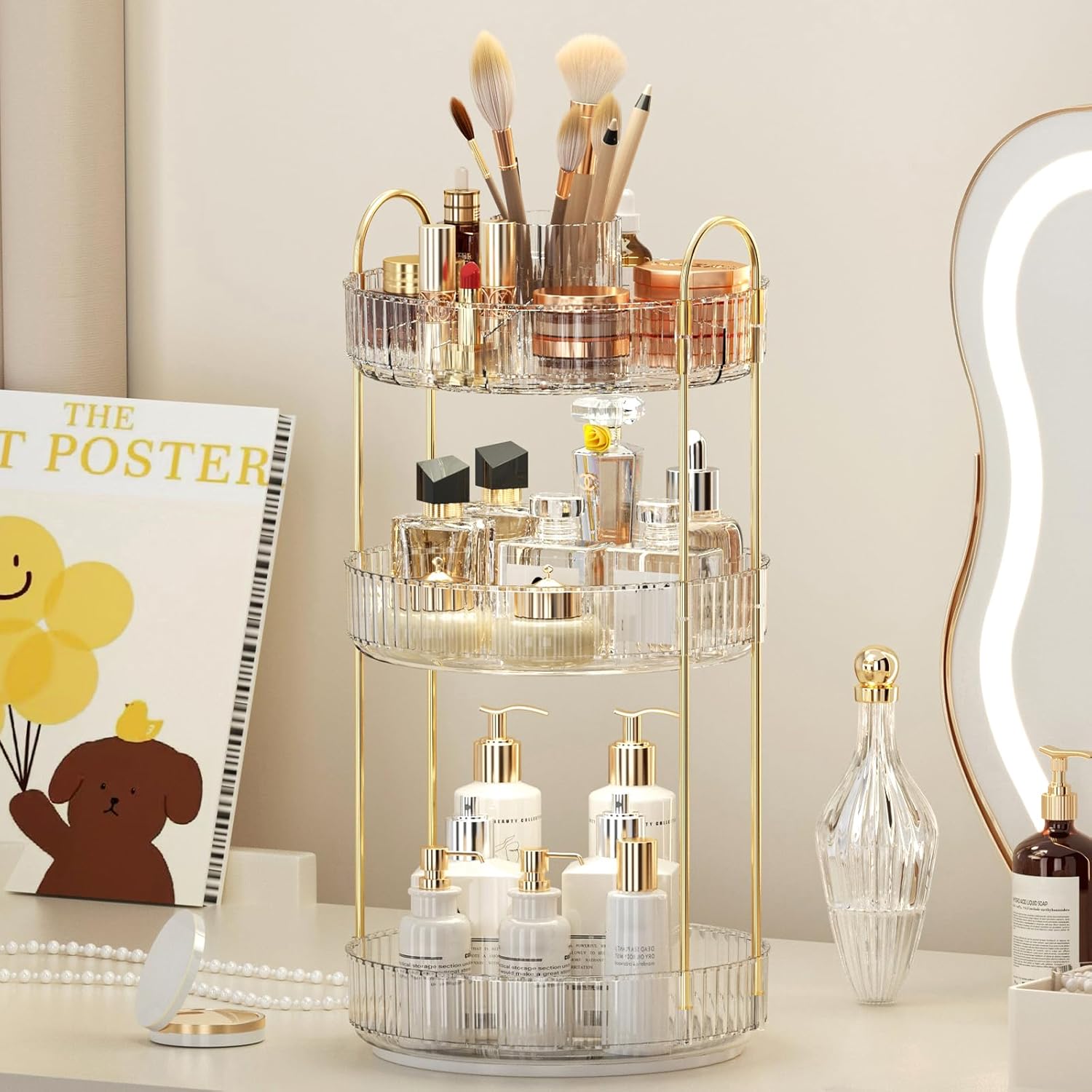 Skiennix 360° Rotating Makeup Organizer - Upgraded 3-Tier Skincare & Perfume Storage | Clear Cosmetic Dresser with Brush Holder