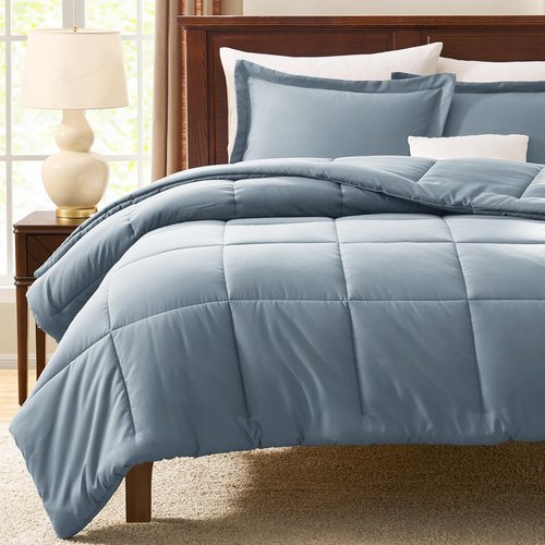 CozyLux King Comforter Set - Grayish Blue Comforter King Size, 3 Pieces Box Stitched Bed Set for All Seasons, Soft Lightweight Bedding Sets with 1 Down Alternative Comforter and 2 Pillow Shams