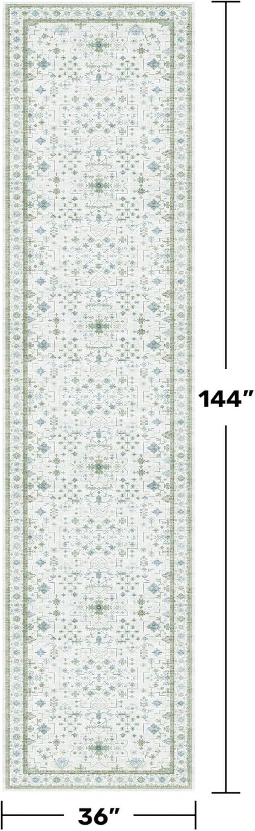 Hazo Haus Oushak 3x12 Wide Hallway Runner Rug - Vintage Turkish Floral Design | Washable Low Pile, Non-Slip - Light Blue & Green