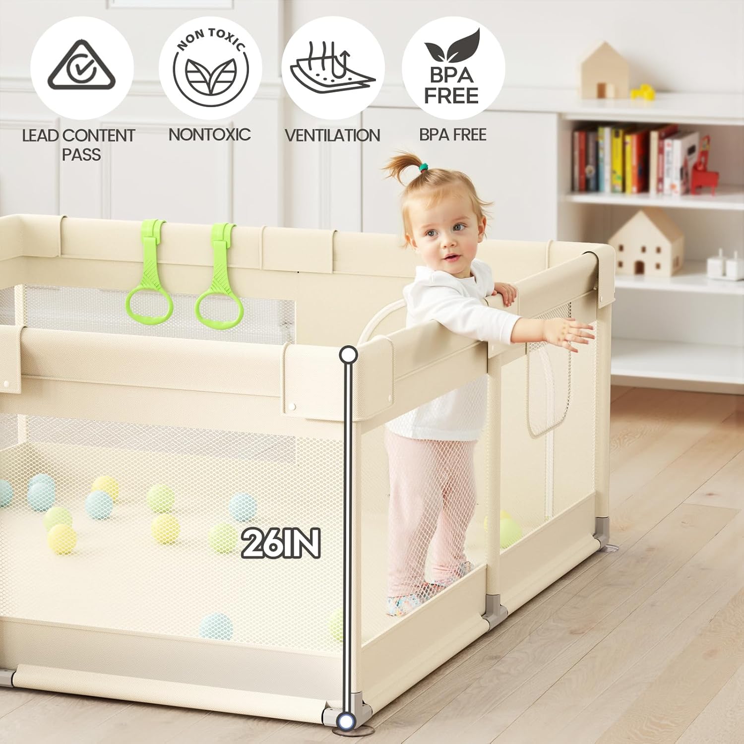 Uanlauo Baby Playpen - Safe 47x47in Indoor Playpen for Babies & Toddlers with Storage Bag & Breathable Mesh
