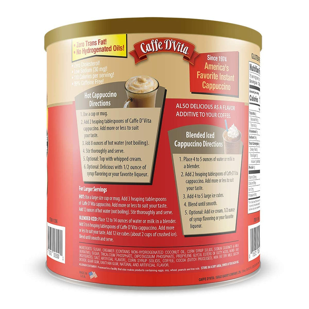 Caffe D'Vita Mocha Cappuccino Mix - Mocha Powder Mix, Instant Cappuccino Mix, Gluten Free, No Cholesterol, No Hydrogenated Oils, No Trans Fat, 99% Caffeine Free, Mocha Mix - 4 LBS