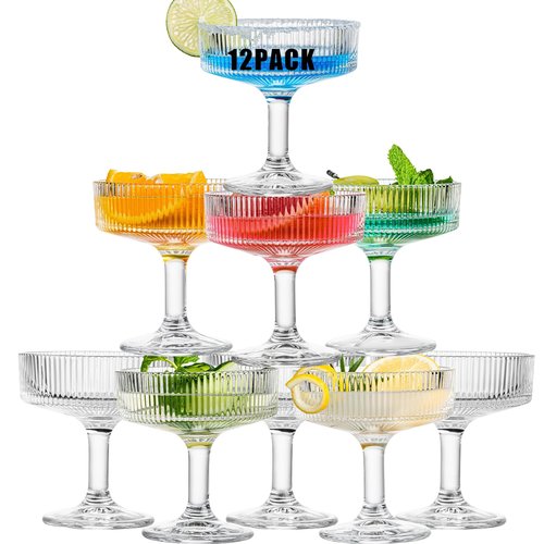 wookgreat 12 Pcs Martini Glasses, 6.7oz Crystal Champagne Tower, Art Deco Ribbed Coupe Glasses, Stem Cocktail Glassware Set, Margarita Cups, Heavy Base Bar Glassware for Martini, Gimlet, Manhattan