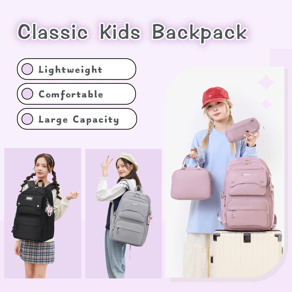 Bansusu 3Pcs Girls Backpack and Lunchbox Set for School Kids, Solid Color School Bag Backpack for Girls with Lunch Bag, Grey