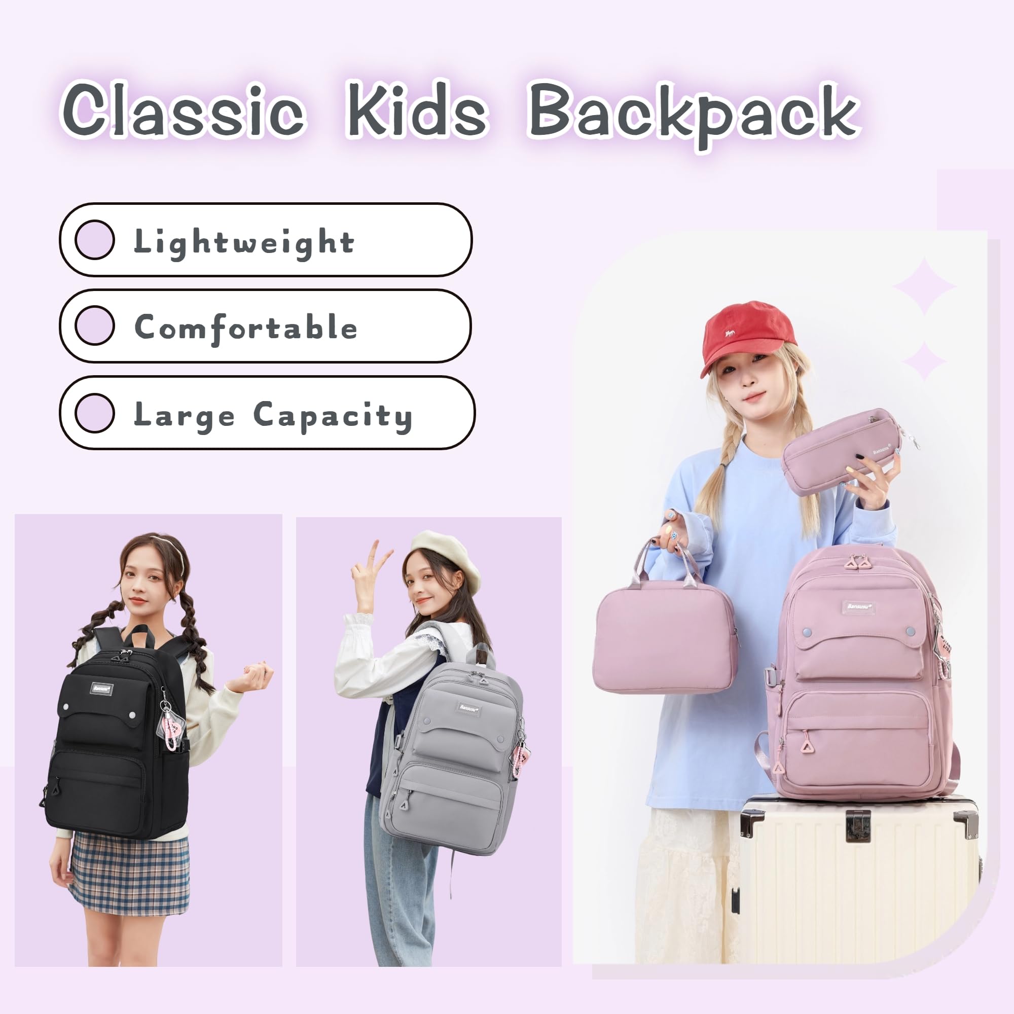 Bansusu 3Pcs Girls Backpack and Lunchbox Set for School Kids, Solid Color School Bag Backpack for Girls with Lunch Bag, Grey