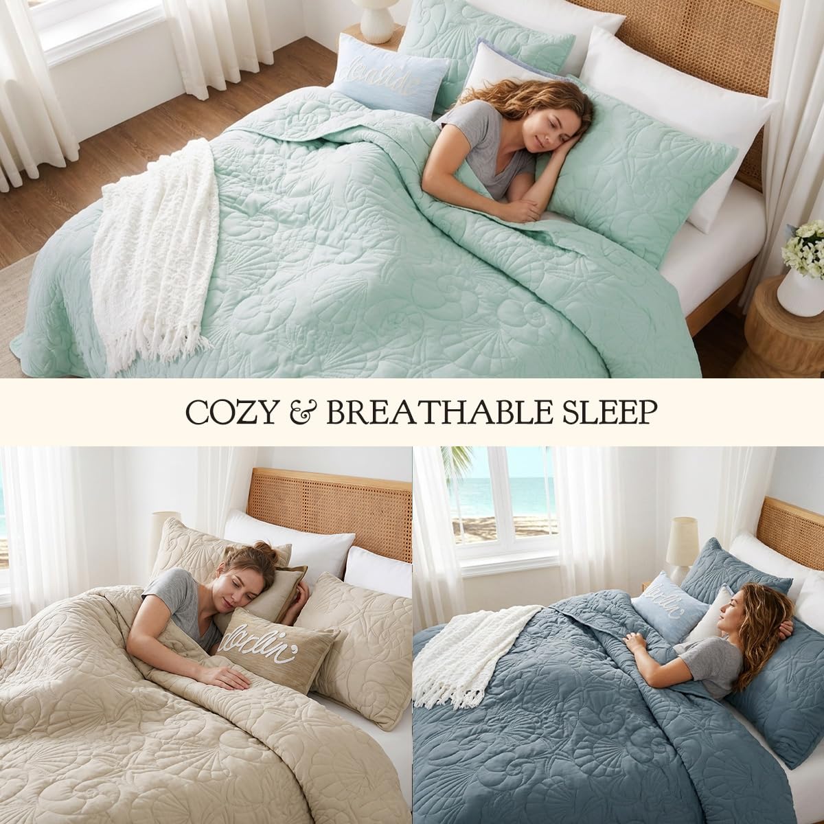 WDCOZY Coastal Beach Queen Size Quilt Bedding Sets, Seafoam Green Nautical Tropical Ocean Bedspread, Scallop Seashell Soft Coverlet, Lightweight Summer Thin Comforter for All Season