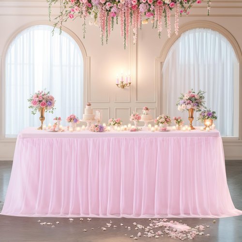 4 Pack Pink Table Cloth for 6 Foot Rectangle Tables, Pink Stretch Fitted Tulle Table Covers Skirt, Rectangular Ruffle Tutu Tablecloth Wedding Banquet Baby Shower Cake Tablecloths Decorations