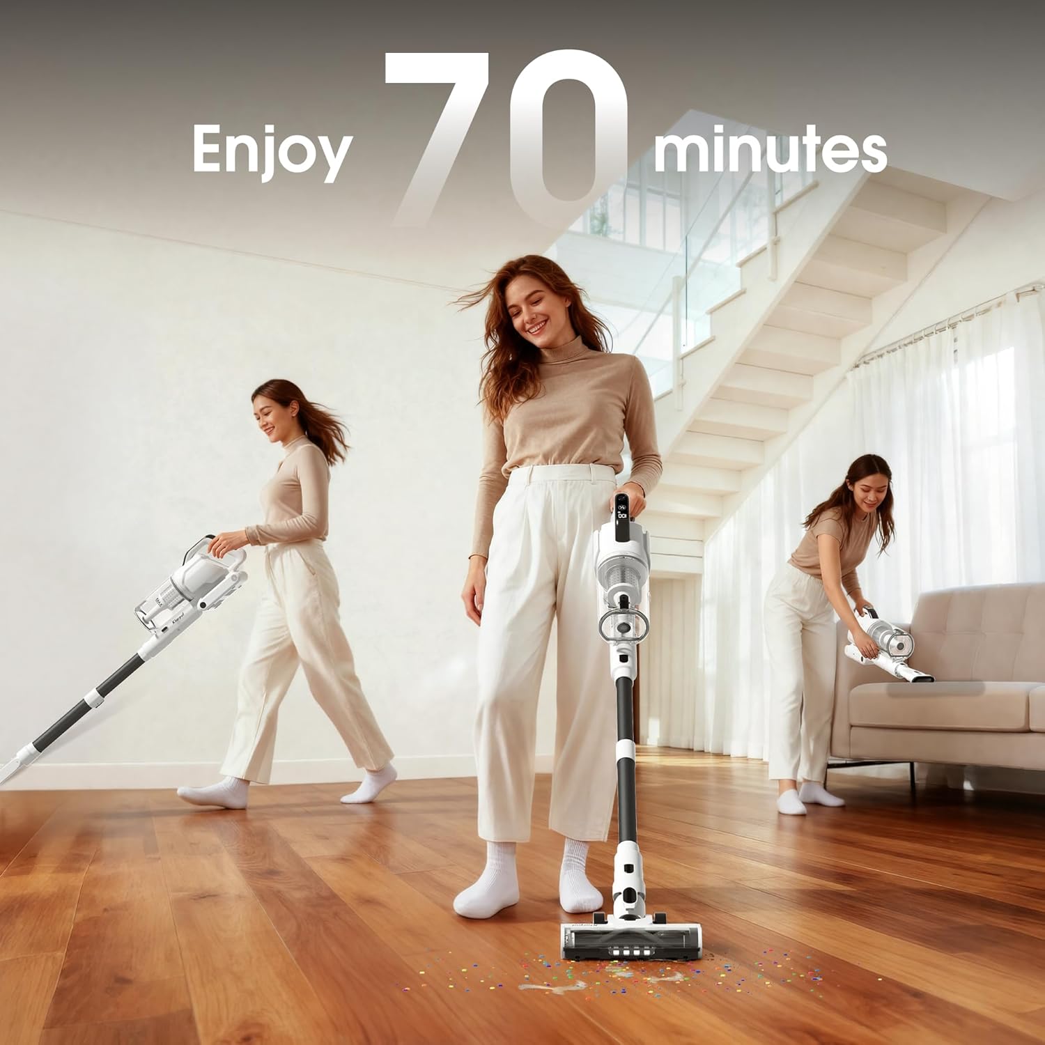 Skiennix Cordless Vacuum Cleaner - 600W Power, 70-Minute Runtime, LED Touch Screen - Lightweight, White