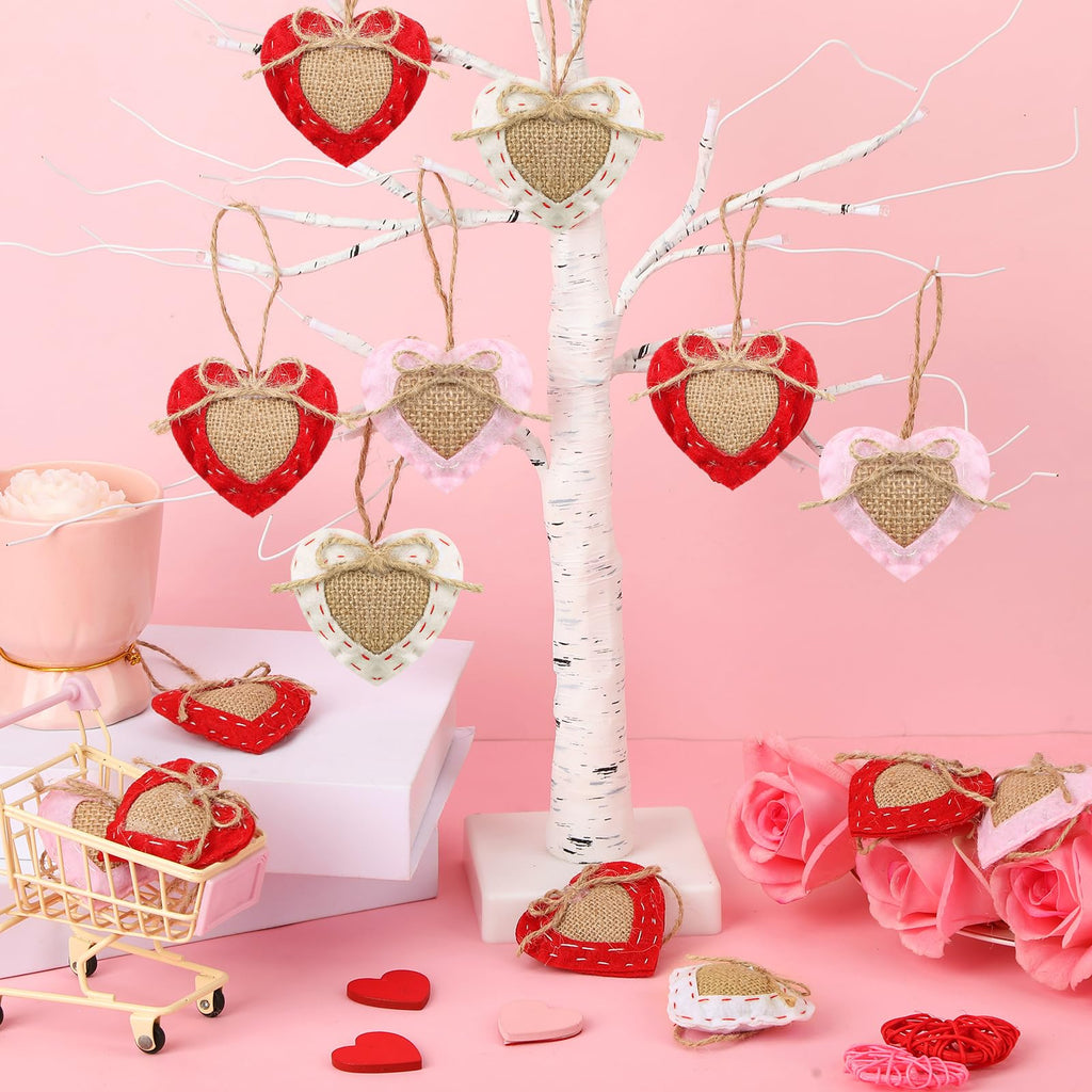 Vercraft 24 Pcs Neutral Valentine's Day Ornaments Felt Heart Ornament White Red Pink Stuffed Heart Bowl Vase Fillers Rustic Farmhouse Barn Style Valentines Day Decor for Tree Home Table Party Decor