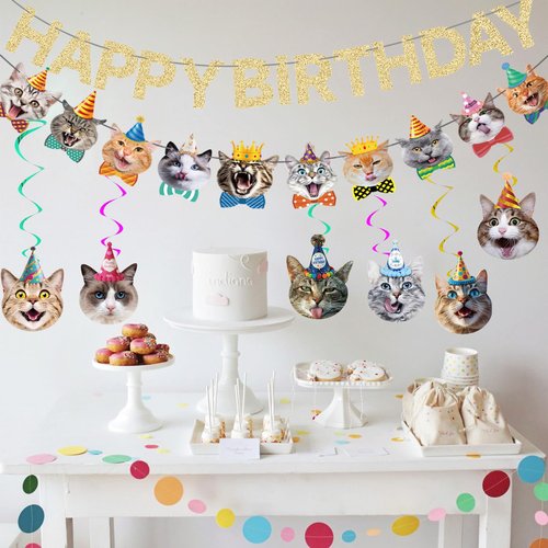 KINGZONE Cat Happy Birthday Banner - Cat Birthday Decorations Party Decor Supplies for Kids, Boys, Girls