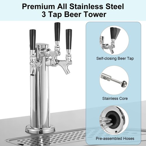 Dbgogo All Stainless Steel Triple Tap Draft Beer Tower, 3” Flange Self-Closing Beer Tap Tower Kegerator Tower Keg Tap Dispenser 1/4'' Barb Fitting Kit for Kegerator Countertop Installation