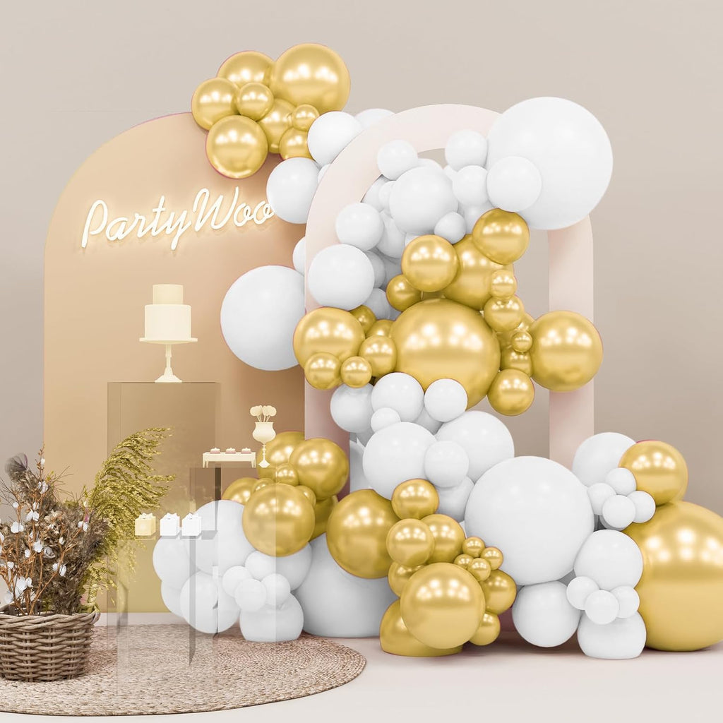 PartyWoo White and Gold Balloons - 140-Piece Pack in Various Sizes for Stunning Birthday Decorations
