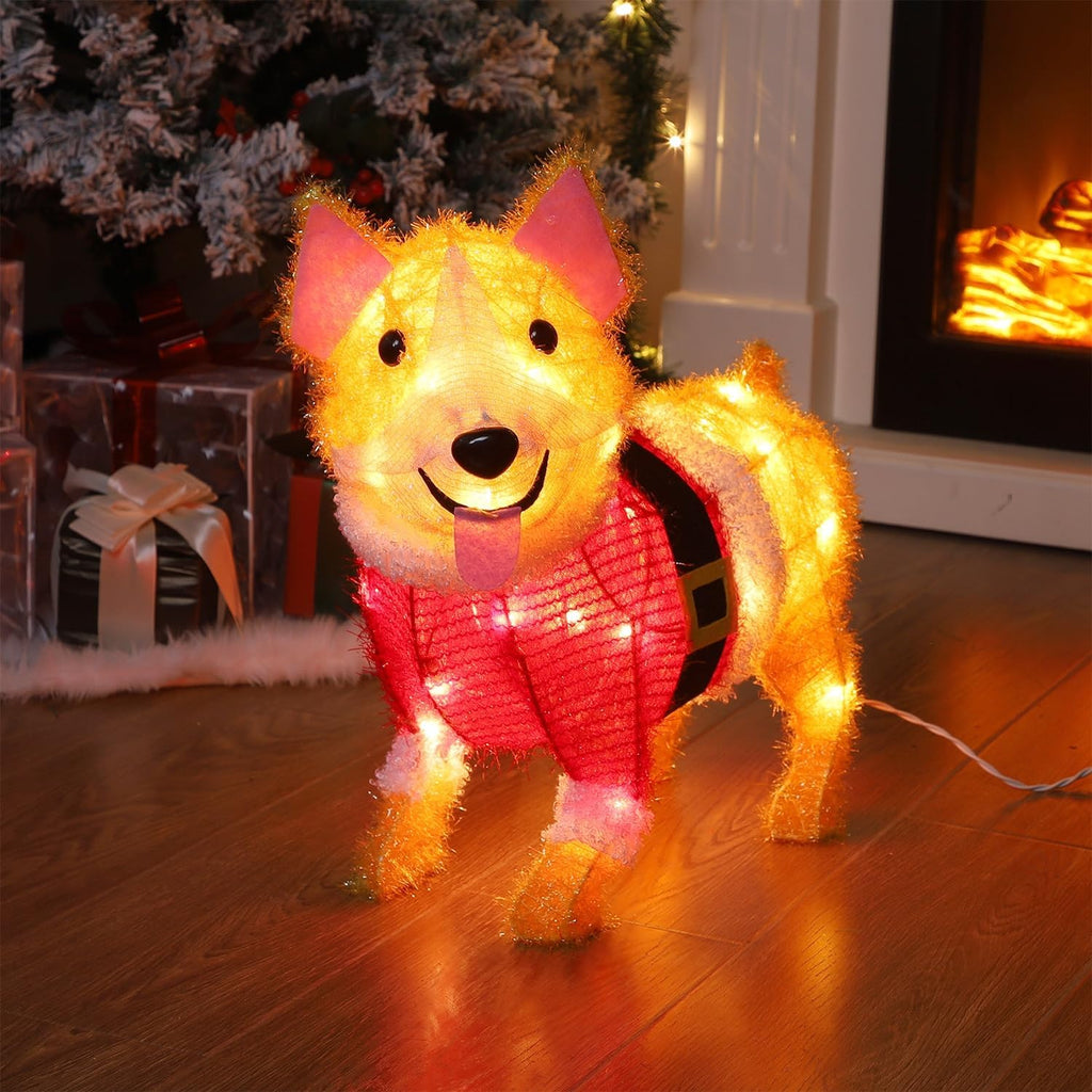 WATERGLIDE 17-Inch Lighted Christmas Dog Decoration - Pre-Lit 3D Tinsel Puppy for Indoor/Outdoor Holiday Display