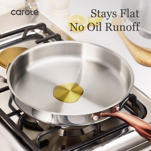 CAROTE 10" Tri-Ply Stainless Steel Frying Pan, Non-Toxic Fry Pan Egg Pan Omelet Pans, Oven Safe, Induction, Ceramic and Gas Cooktops Compatible, Silver