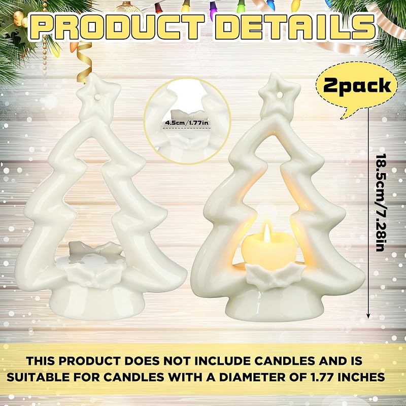Ceramic Christmas Tree Candle Holders, 2-Pack White Table Decor