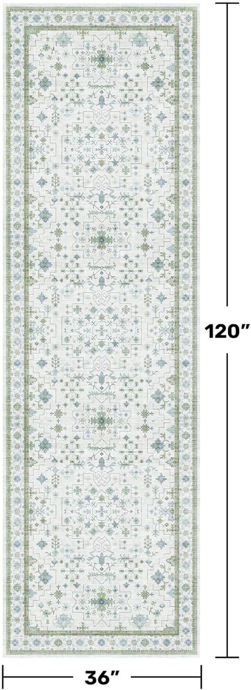 Hazo Haus Oushak 3x10 Wide Hallway Runner Rug - Vintage Turkish Floral Design, Washable Low Pile | Light Blue & Green